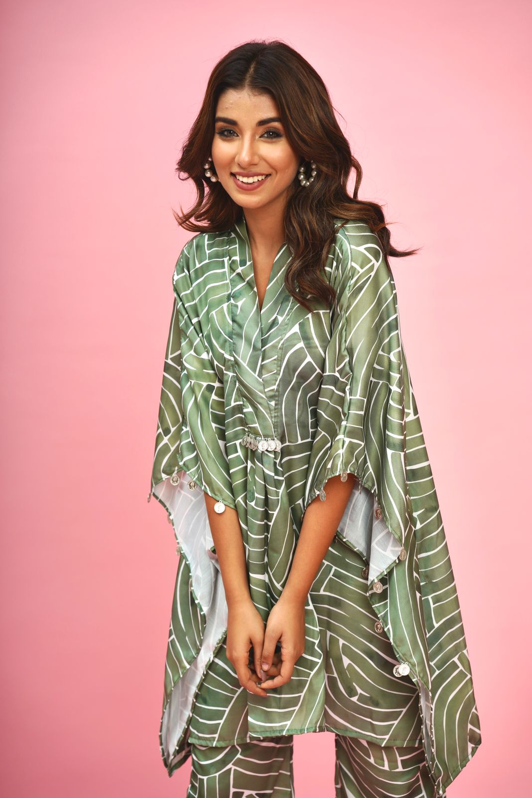 Green abstract kaftan Satin set