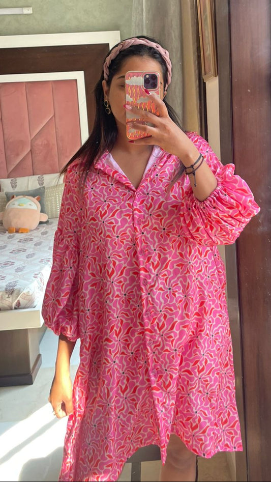 Rose Satin Shirt Dress