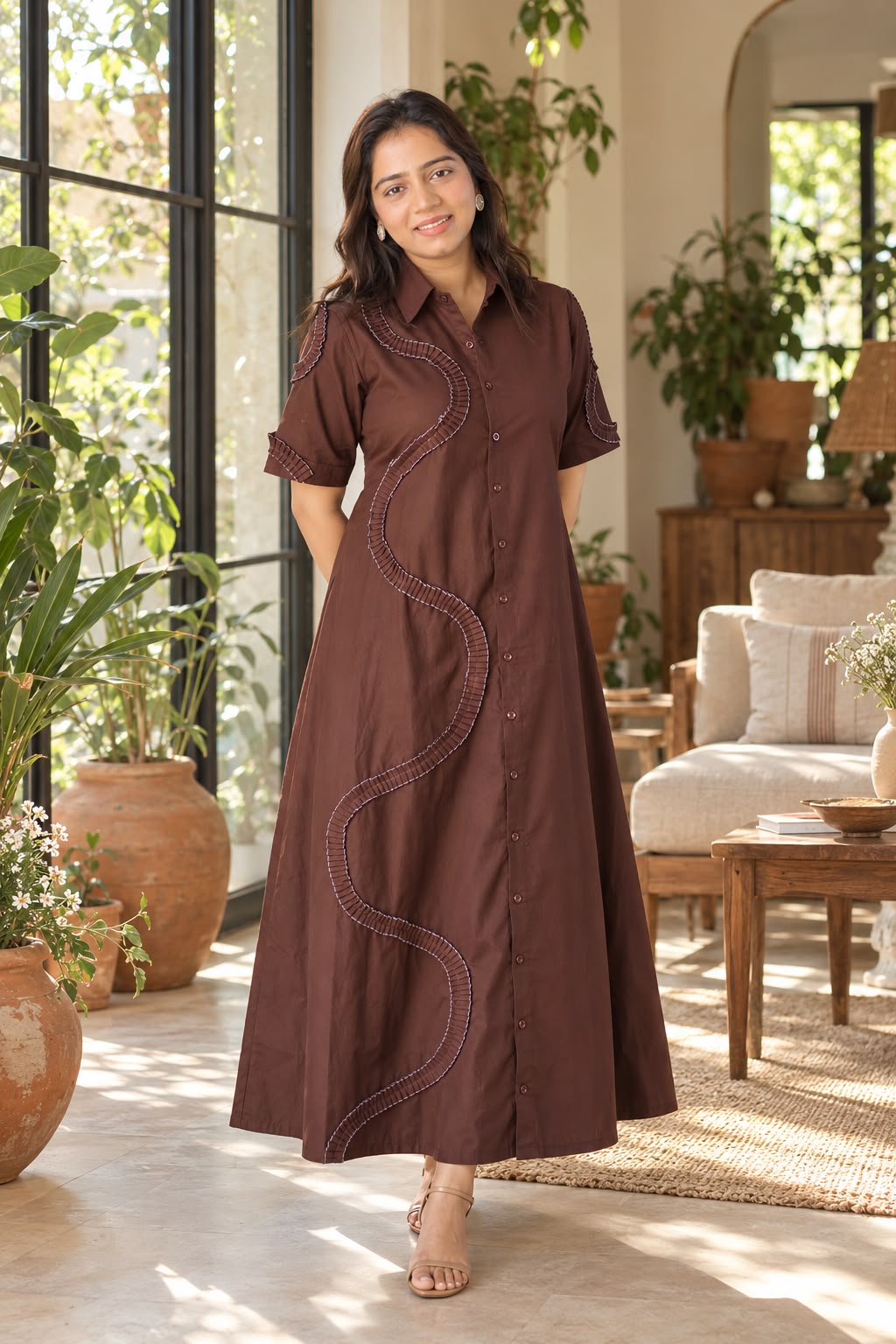 Brown Pleated Dress