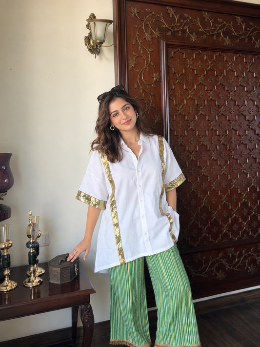 White Festive Shirt With Stripes Pants